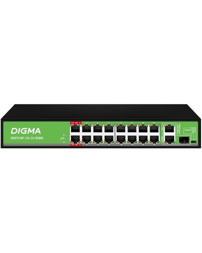 DSP216F-1G-1C-R300 (L2) 16х100Мбит/с 1х1Гбит/с 1хКомбо(1000BASE-T/SFP) 16PoE 16PoE+ 2PoE++ 300W. Коммутатор с питанием по PoE. Digma в Сургуте