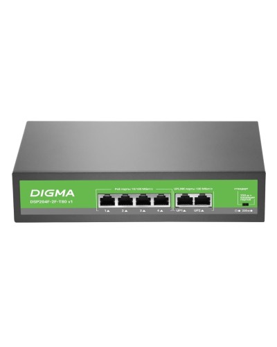 DSP204F-2F-T80 DSP204F-2F-T80 V1 (L2) 6х100Мбит/с 4PoE 4PoE+ 80W. Коммутатор с питанием по PoE. Digma в Сургуте