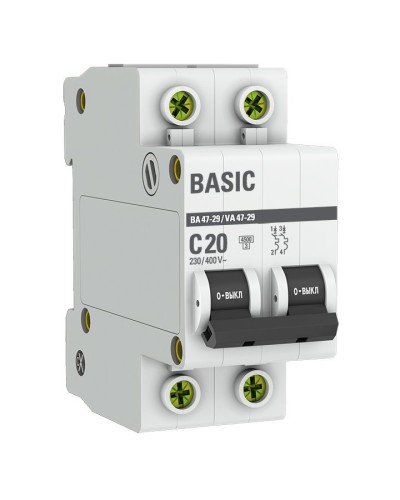 Автоматический выключатель 2P 20А (C) 4,5кА ВА 47-29 Basic (mcb4729-2-20C). Автоматический выключатель. EKF в Сургуте