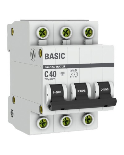 Автоматический выключатель 3P 40А (C) 4,5кА ВА 47-29 Basic (mcb4729-3-40C). Автоматический выключатель. EKF в Сургуте