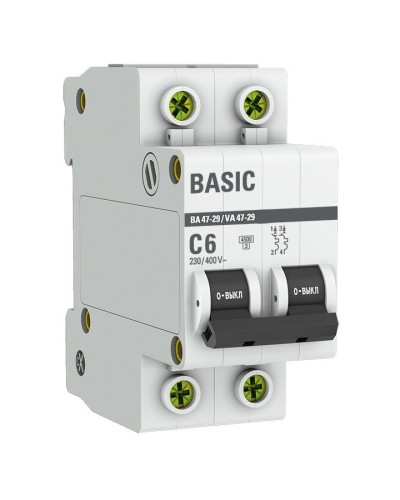 Автоматический выключатель 2P 6А (C) 4,5кА ВА 47-29 Basic (mcb4729-2-06C). Автоматический выключатель. EKF в Сургуте