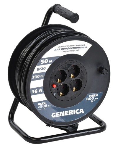 УК50 4 места 2P+PE, 50м GENERICA (WKP20-16-04-50-G). Удлинитель на катушке с термозащитой, 3х1,5кв.мм. IEK в Сургуте