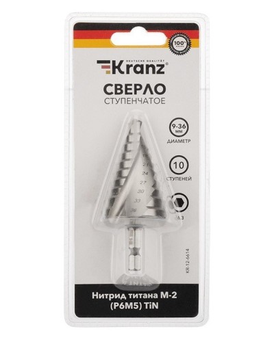 Сверло по металлу ступенчатое ТИТАН 9,0-36,0 мм 110 mm 65 HRC Р6М5 TiN Kranz (KR-12-6614): Сверло по металлу шлифованное в Сургуте